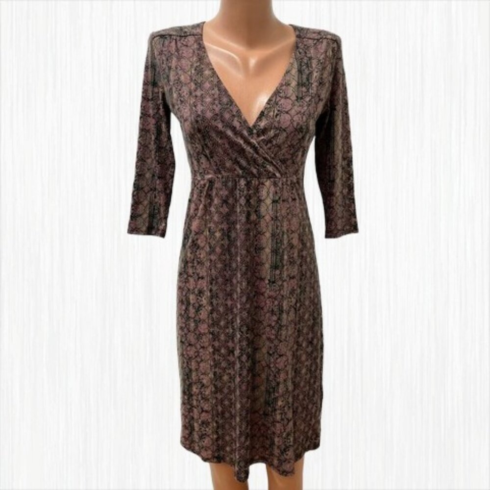 Peruvian Connection 16 Faux Wrap Knit Meraux Dress BoHo Print V-Neck 3/4 Sleeve